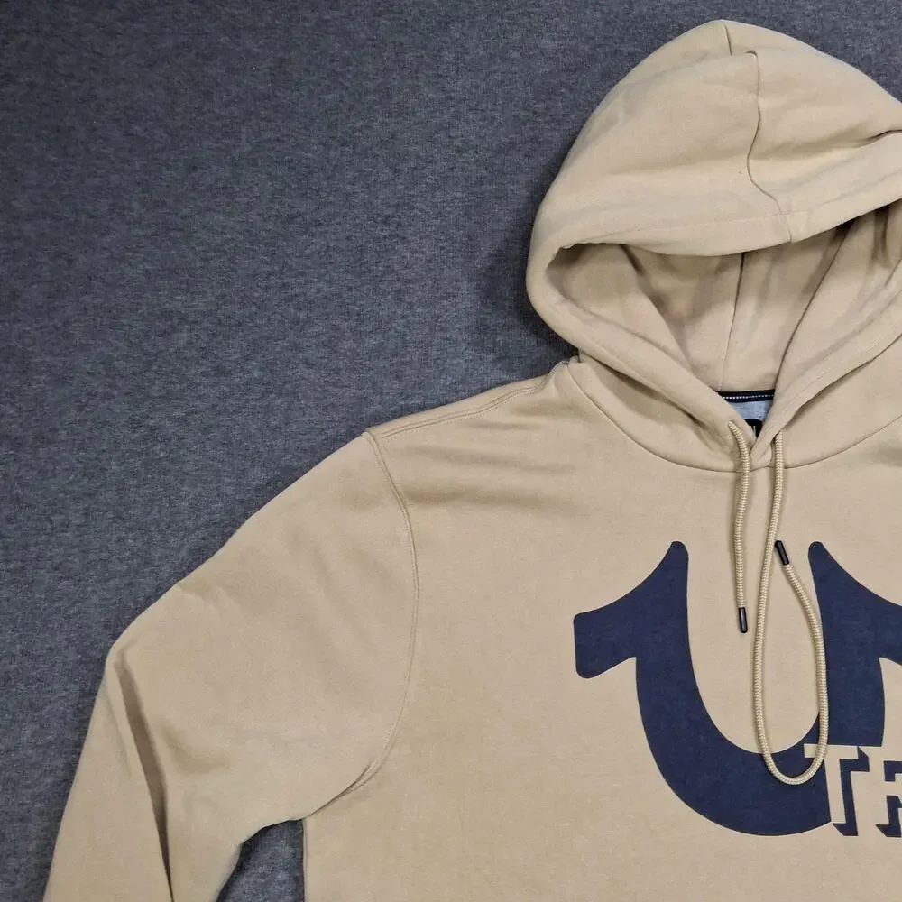 True Religion Hoodie Mens XL Beige Pullover Fleece Horseshoe Logo Sweatshirt